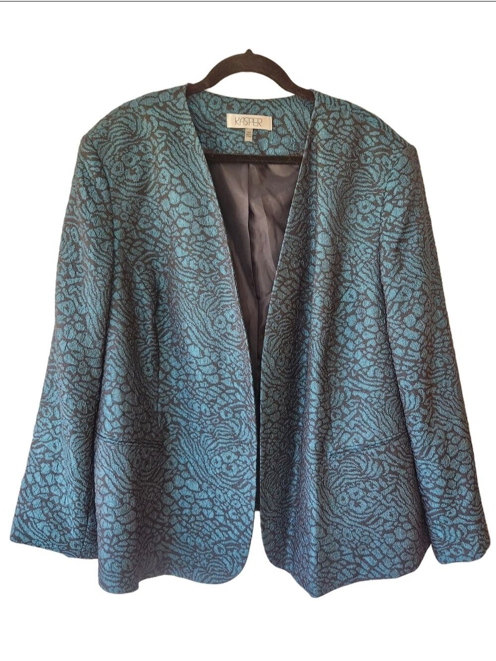 Kasper​ Size 24W​Open-front blazer/jacket Brocade Texture Teal Blue Black Work